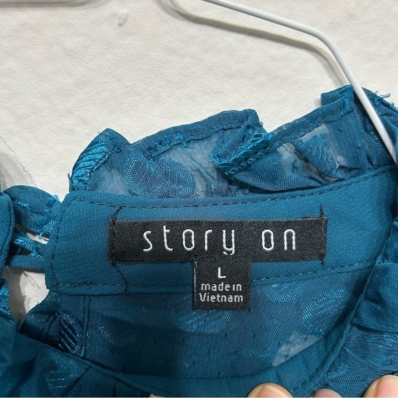 Dark ocean green jacquard-ruffle collar  Blouse Size L - Picture 7 of 10